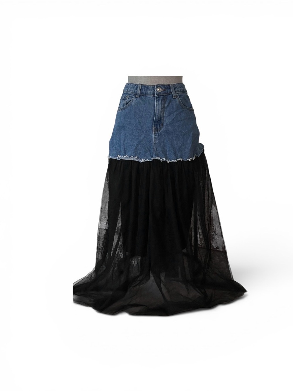 Denim & Black Mesh Maxi Skirt - Feminine Layered Style